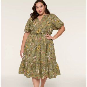 Lane Bryant Puff-Sleeve Tie-Waist Midi Dress, like new, size 18, olive green